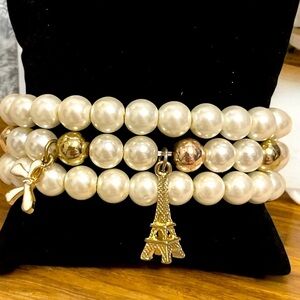 Beautiful Stack of Faux Pearl Stretch Bracelets